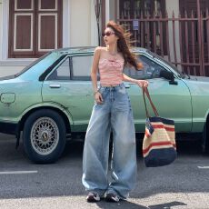 批发实拍美式复古水洗高腰宽松<b class='q'>阔腿裤</b>百搭春夏新直筒款牛仔裤女2026