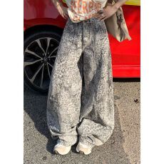 批发实拍美式复古高腰宽松<b class='q'>阔腿裤</b>豹纹弯刀裤百搭春夏垂感镰刀牛仔裤女