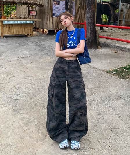 실사 아메리칸 레트로 루즈핏 와이드 레그 팬츠 카모플라주 모통이 칼 바지 다용도 도루 센스 워크웨어 팬츠 청바지 여성