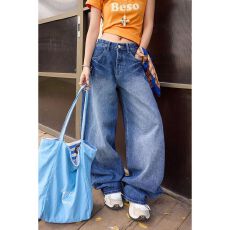 批发实拍美式复古高腰宽松<b class='q'>阔腿裤</b>垂感百搭弯刀裤春夏新款镰刀牛仔裤女