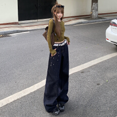 批发实拍设计感<b class='q'>钉珠</b>丹宁色阔腿<b class='q'>牛仔裤</b>2026春季新款高腰宽松显瘦拖地裤