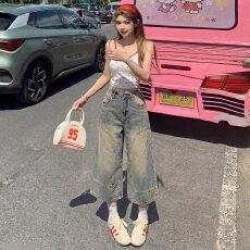 批发实拍美式复古｜做旧洗水工艺｜宽松直筒七分<b class='q'>牛仔裤</b>女