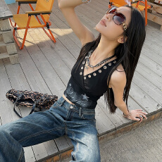 批发实拍美式复古重工设计高街宽松阔腿微喇百搭显瘦拖地<b class='q'>牛仔裤</b>女春夏