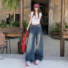 批发实拍弯刀<b class='q'>牛仔裤</b>美式复古廓形宽松秋季休闲松弛感拼接阔腿牛仔