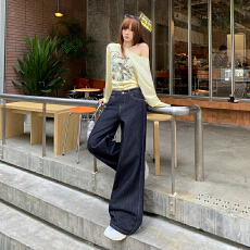 批发实拍丹宁蓝美式搭绣花复古百<b class='q'>牛仔裤</b>拖地裤辣女新款宽松直筒阔腿裤