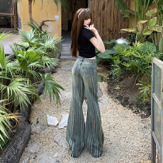 批发实拍美式复古中低腰辣妹阔腿喇叭<b class='q'>裤</b><b class='q'>洗</b>水显瘦百搭春夏牛仔<b class='q'>裤</b>女拖地