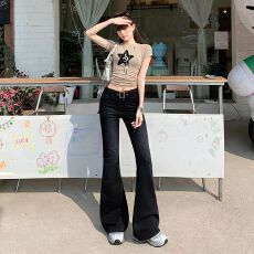 批发实拍美式黑灰猫须喇叭裤<b class='q'>牛仔裤</b>新款宽腰带超辣超夯高腰设计感马蹄