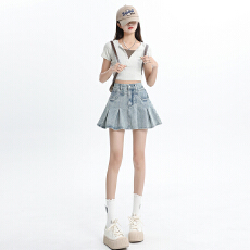 批发实拍美式复古蓝A字百褶牛仔<b class='q'>半身</b>裙女2026夏季高腰有内衬辣妹<b class='q'>短裙</b>
