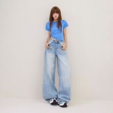 批发实拍美式复古水洗高腰宽松阔腿裤百搭春夏新直筒款<b class='q'>牛仔裤</b>女2026