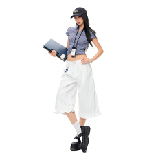 批发荷叶边原色深蓝牛仔七分裤低腰宽松设计感<b class='q'>微喇</b>中裤