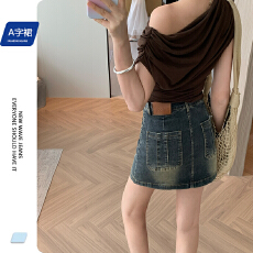 批发实拍蓝灰色牛仔短裙女2026春夏新款设计感个性后袋腰头皮牌裙子