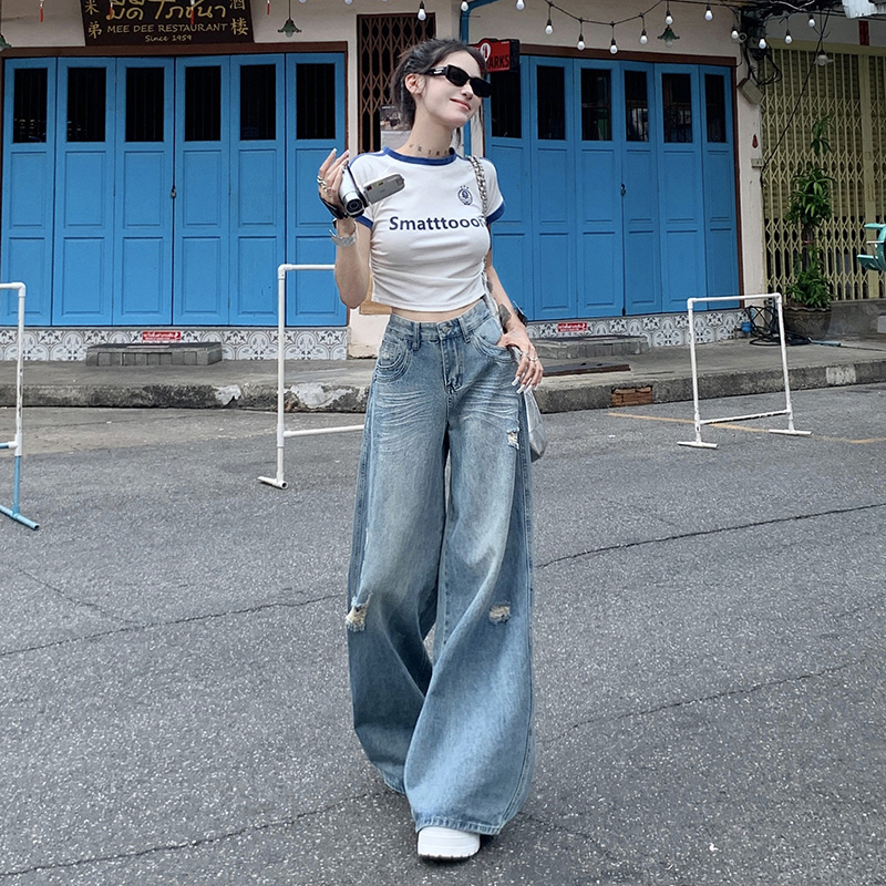 실사 아메리칸 레트로 여름 찢어진 부분 무거운 워시 물 공예 도루 센스 넓은 다리 스트레이트 바닥 청소 청바지 아이들 새로운