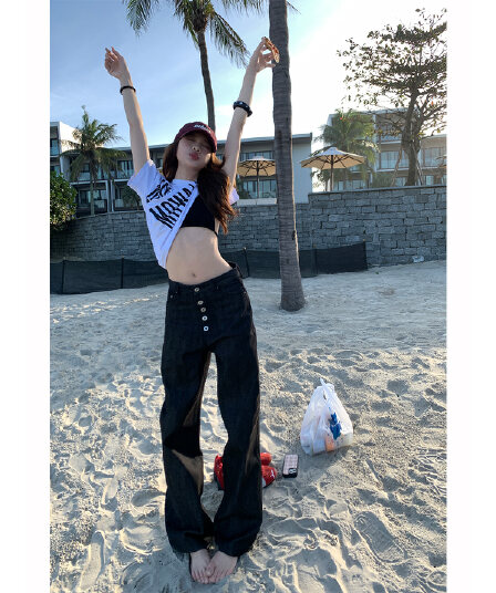 실사 섬 일기 아메리칸 차가운 센스 편안한 분위기 기타 단추 세련된 원본 블랙 하드 데님