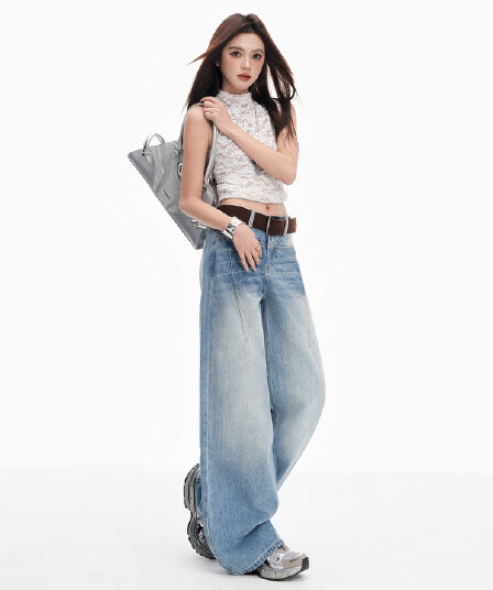 실사 아메리칸 레트로 스트레이트 청바지 여성 봄 2026 새로운 워싱 루즈핏 슬림해 보이는 바닥 청소 와이드 레그 팬츠 어린이