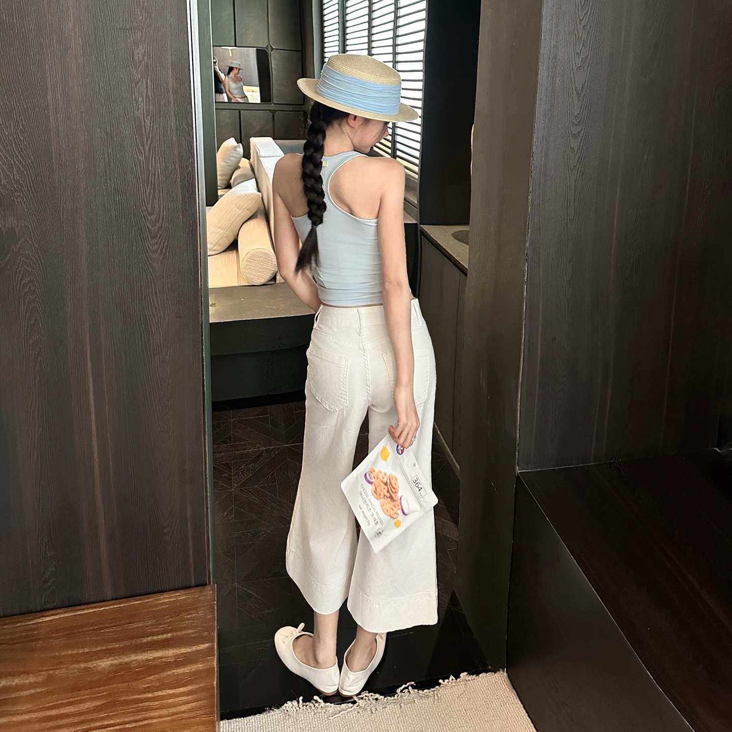 실사 아메리칸 복잡한 고대 돈 바람 루즈핏 나팔 바지 봄 여름 다용도 7부 바지 부츠컷 청바지 여성