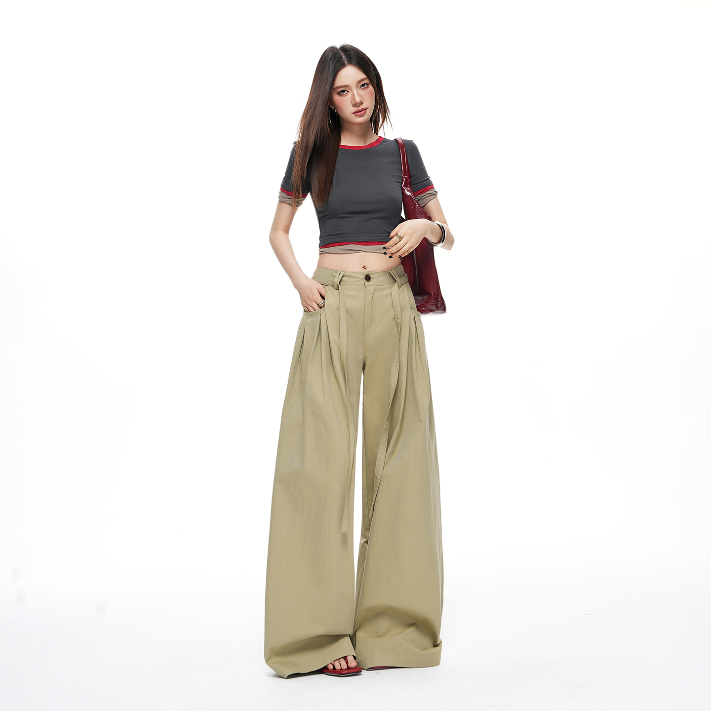 실사 26 년 여름 새로운 디자인 센스 허리 끈 주머니 Pleat 선 루즈핏 캐주얼 와이드 레그 팬츠 아이들