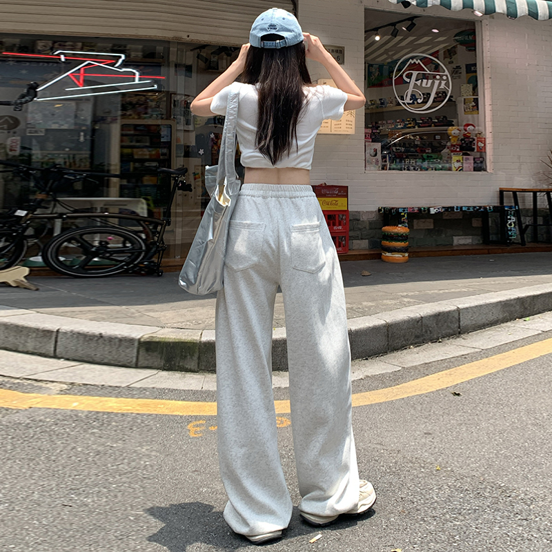 실사 아메리칸 다용도 캐주얼 바지 여름 남자 여자 넓은 다리 루즈핏 도루 센스 바닥 청소 바지 웨이 바지 여성