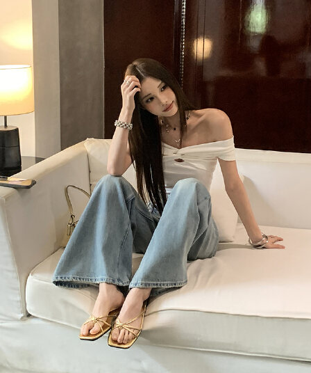 실사 밝은색 워싱 블루 단 닝 넓은 다리 스트레이트 팬츠 로우 웨이스트 편안함 원단 얇은 스타일 청바지
