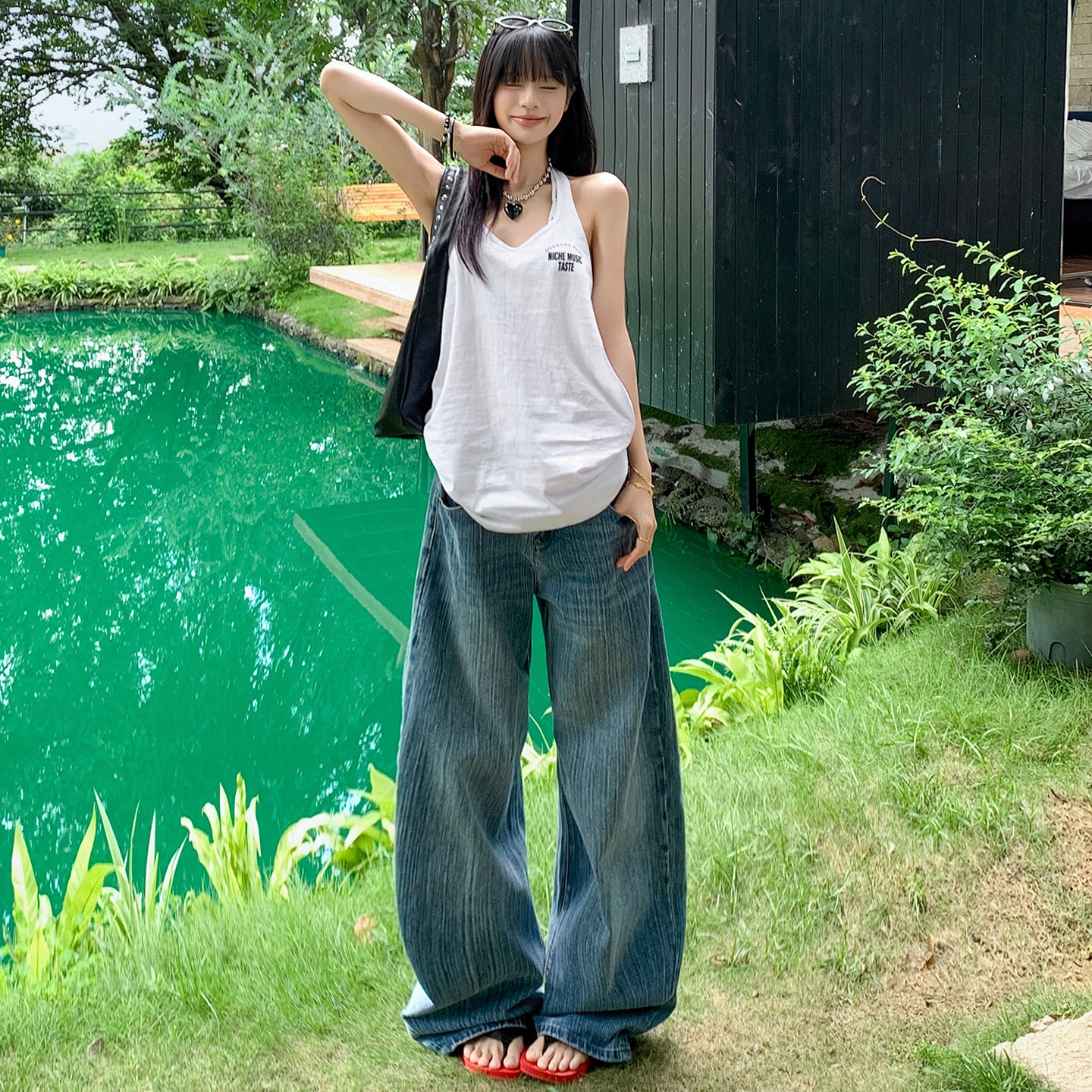 실사 아메리칸 레트로 파리 버클 디자인 대나무 마디 데님 루즈핏 넓은 다리 청바지 여성