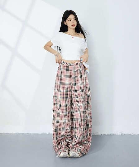 실사 아메리칸 레트로 하이웨이스트 루즈핏 와이드 레그 팬츠 체크무늬 도루 센스 봄 여름 새로운 다용도 스트레이트 캐주얼 바지 여성