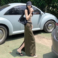 批发实拍美式复古｜后开叉设计｜中长款工装牛仔半身裙女