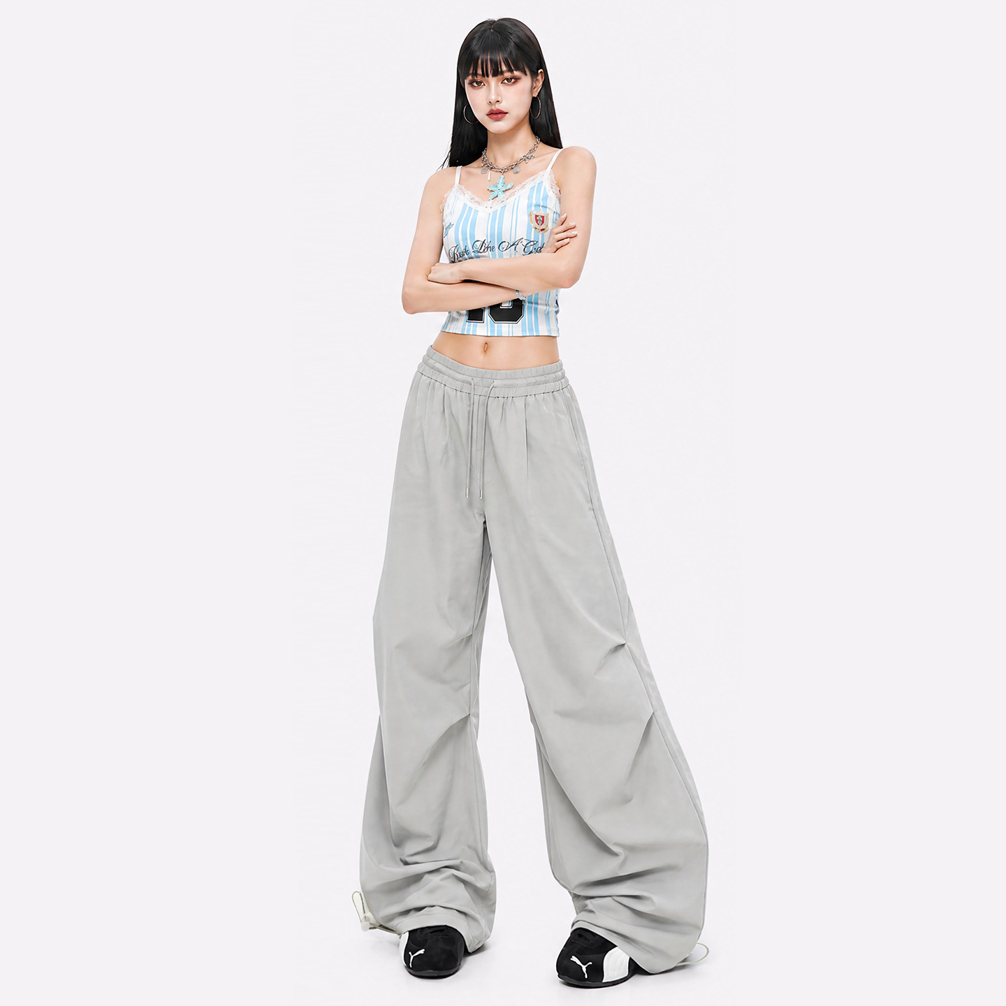 실사 아메리칸 레트로 루즈핏 워크웨어 우산 바지 여성 넓은 다리 바닥 청소 hiphop 재즈 스트리트 댄스 긴 바지 도루 센스 느긋한