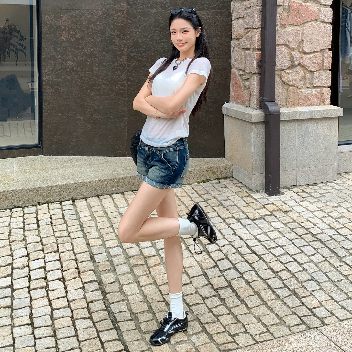실사 아메리칸 레트로 워시 물 마 오래된 뒤집다 측면 데님 반바지 여성