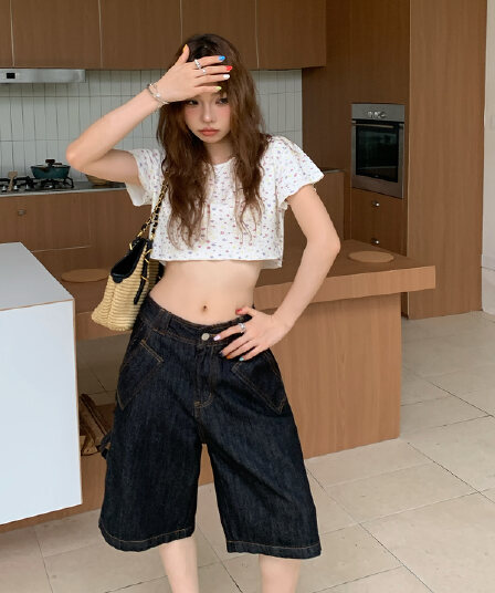 실사 아메리칸 레트로 하이웨이스트 루즈핏 와이드 레그 팬츠 작은 대중 디자인 다용도 봄 여름 7부 바지 청바지 여성 새로운