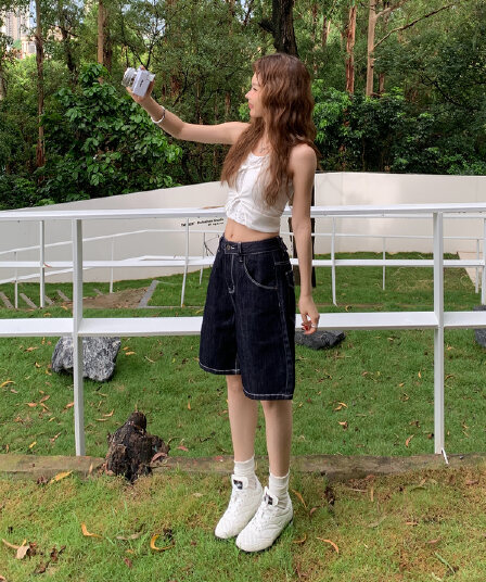실사 아메리칸 레트로 루즈핏 와이드 레그 팬츠 다용도 오부 바지 기타 버클 조정 허리 디자인 스트레이트 청바지 여성