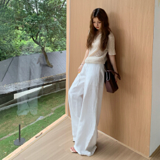 批发实拍美式复古宽松阔腿<b class='q'>裤</b><b class='q'>百搭</b>抽绳<b class='q'>棉麻</b>轻薄透气亚麻直筒休闲<b class='q'>裤</b>女