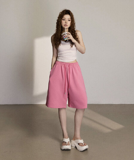실사 2 색 아메리칸 레트로 루즈핏 와이드 레그 팬츠 허리밴드 펌프 로프 다용도 스트레이트 5 점 여름 캐주얼 바지 여성