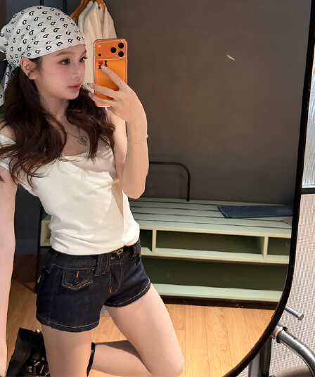 실사 소녀 레트로 센스 무거운 작업 패치워크 한 여성 레저 리프트 색상 다용도 데님 핫 바지 싱글 제품