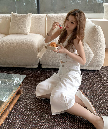 실사 아메리칸 레트로 루즈핏 와이드 레그 팬츠 다용도 새로운 7부 바지 이후 조정 허리 디자인 스트레이트 청바지 여성