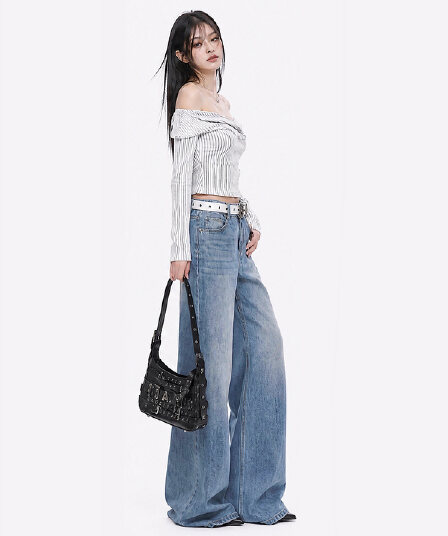 실사 im ~까지 시애틀 산책 레트로 블루스 자수 와이드 레깅스 바지 부츠컷 루즈핏 청바지