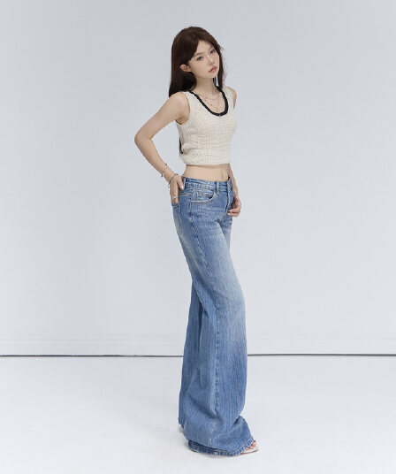 실사 아메리칸 레트로 로우 웨이스트 핫걸 루즈핏 나팔 바지 다용도 슬림해 보이는 대나무 마디 곡물 도루 센스 청바지 여성