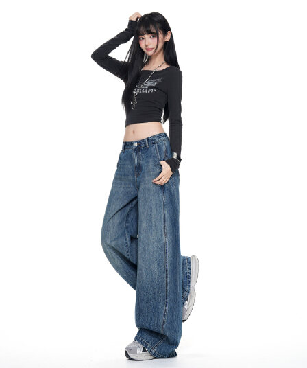 실사 느슨함 느긋한 디자인 센스 와이드 레그 팬츠 조수 브랜드 작은 대중 루즈핏 도루 센스 청바지 여성 바닥 청소 바지