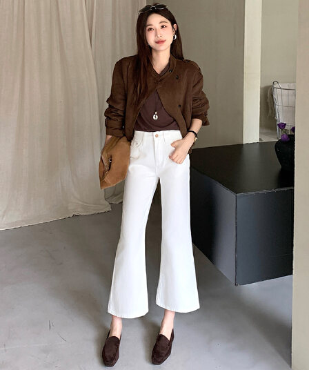 실사 화이트 데님 9 포인트 플레어 바지 루즈핏 가죽 카드