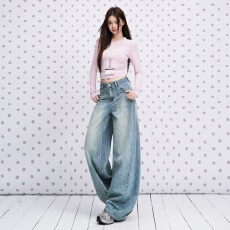 批发实拍浅蓝<b class='q'>亚麻</b>棉混纺无弹弯刀牛仔裤女2026早秋新款宽松休闲拖地裤