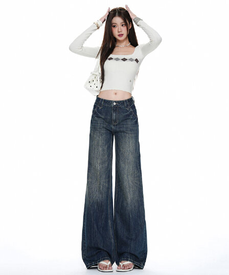 실사 아메리칸 레트로 진한 파란색 루즈핏 청바지 여성 가을 새로운 캐주얼 스트레이트 넓은 다리 캐주얼 긴 바지
