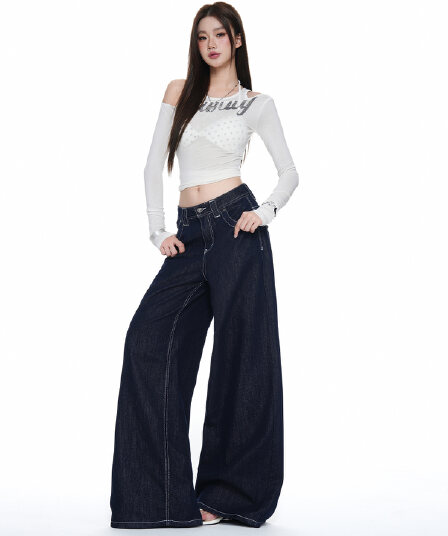 실사 아메리칸 레트로 작은 대중 주머니 디자인 국방 퇴색하다 루즈핏 넓은 다리 청바지 여성