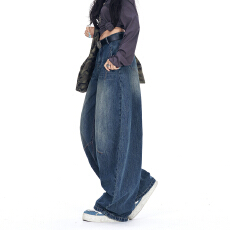 批发实拍复古蓝弯刀牛仔裤女2026秋季新款宽松高腰美式高街拖地阔腿裤