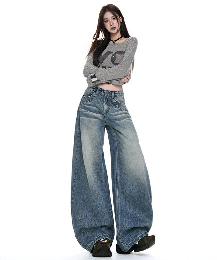 실사 귀신 调性 무거운 디자인 센스 불규칙 주머니 자수 3 차원 못 넓은 다리 데님 긴 바지 여성