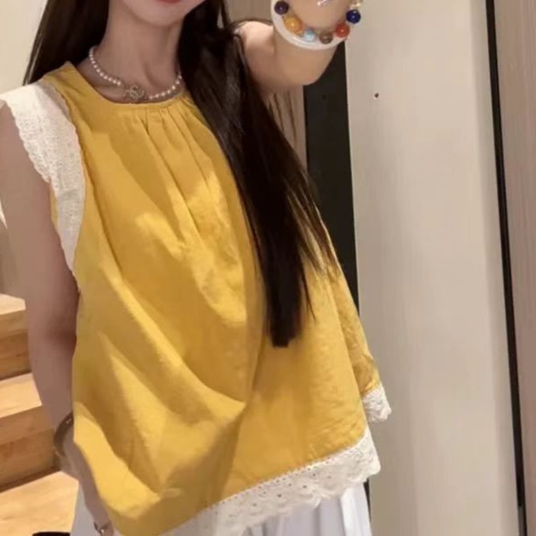 디자인 센스 레이스 레이스 Feifei 소매 셔츠 2025 여름 새로운 패션 연령 감소 루즈핏 라운드 넥 맨위 여성 트렌디