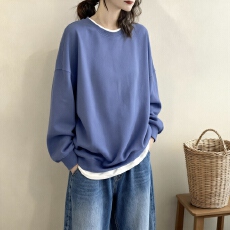 批发春秋新款长袖假两件T恤韩版宽松大码圆领套头百搭纯色上衣潮