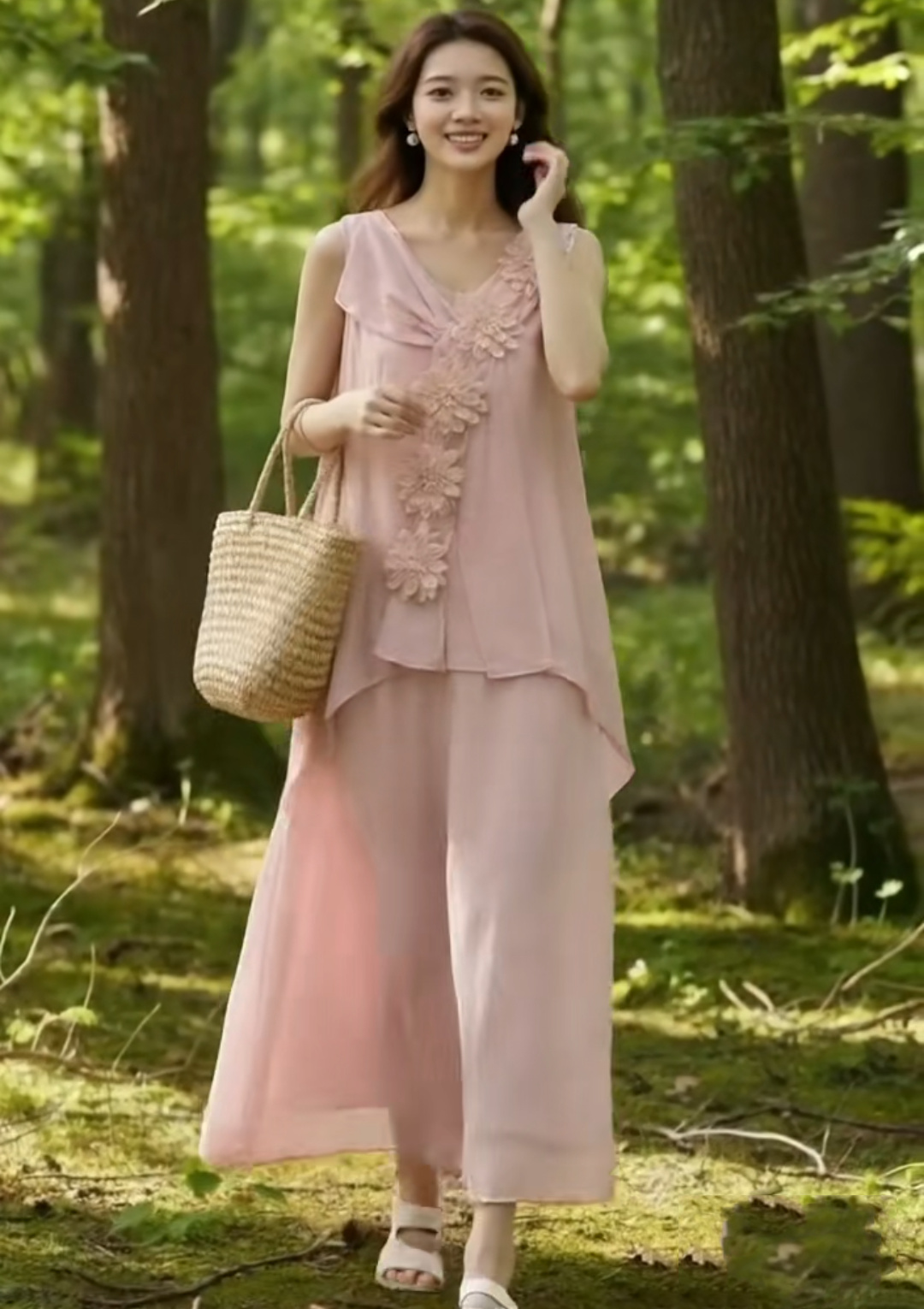 RY3129# 夏季减龄气质甜美v领无袖背心拼接立体花设计法式连衣裙浪漫长...