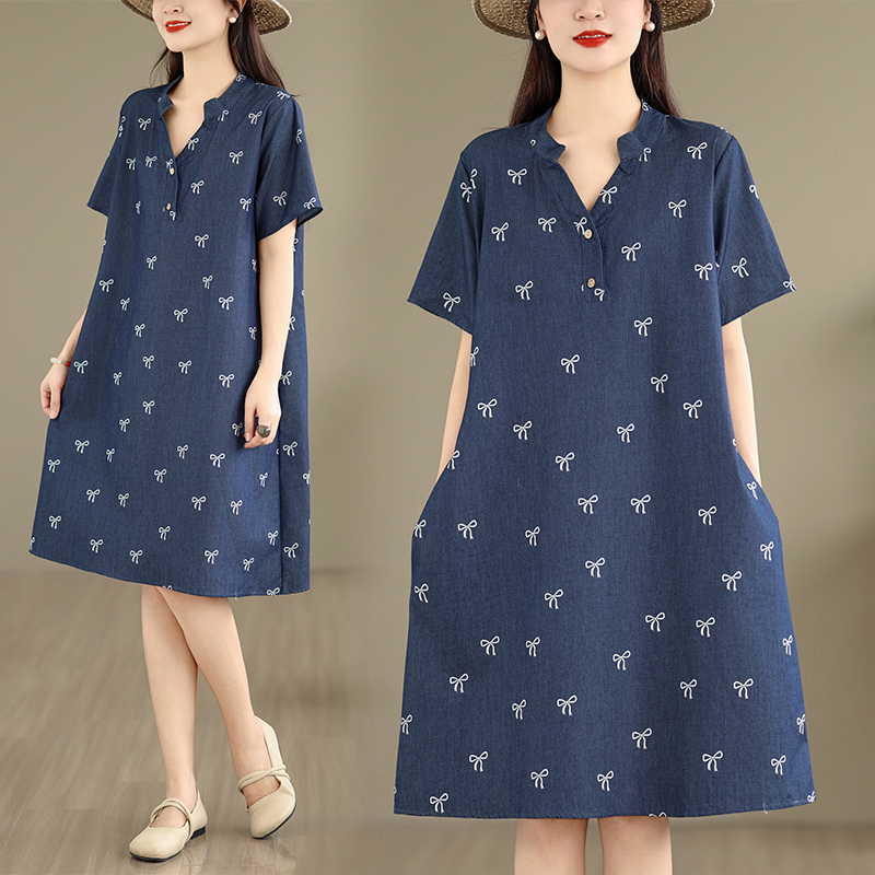 RY3128# 实拍有货 牛仔短袖连衣裙2026夏新款V领蝴蝶结纯棉舒适中长款裙子