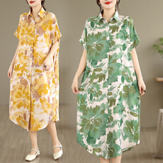 批发实拍有货 印花<b class='q'>大码</b>衬衣裙2026夏季棉麻文艺胖MM中长款休闲连衣裙