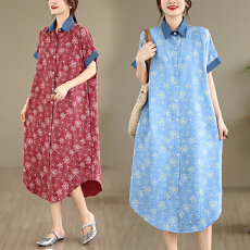 批发实拍有货 <b class='q'>大码</b>宽松薄款牛仔衬衫裙夏季胖MM中长款印花短袖连衣裙