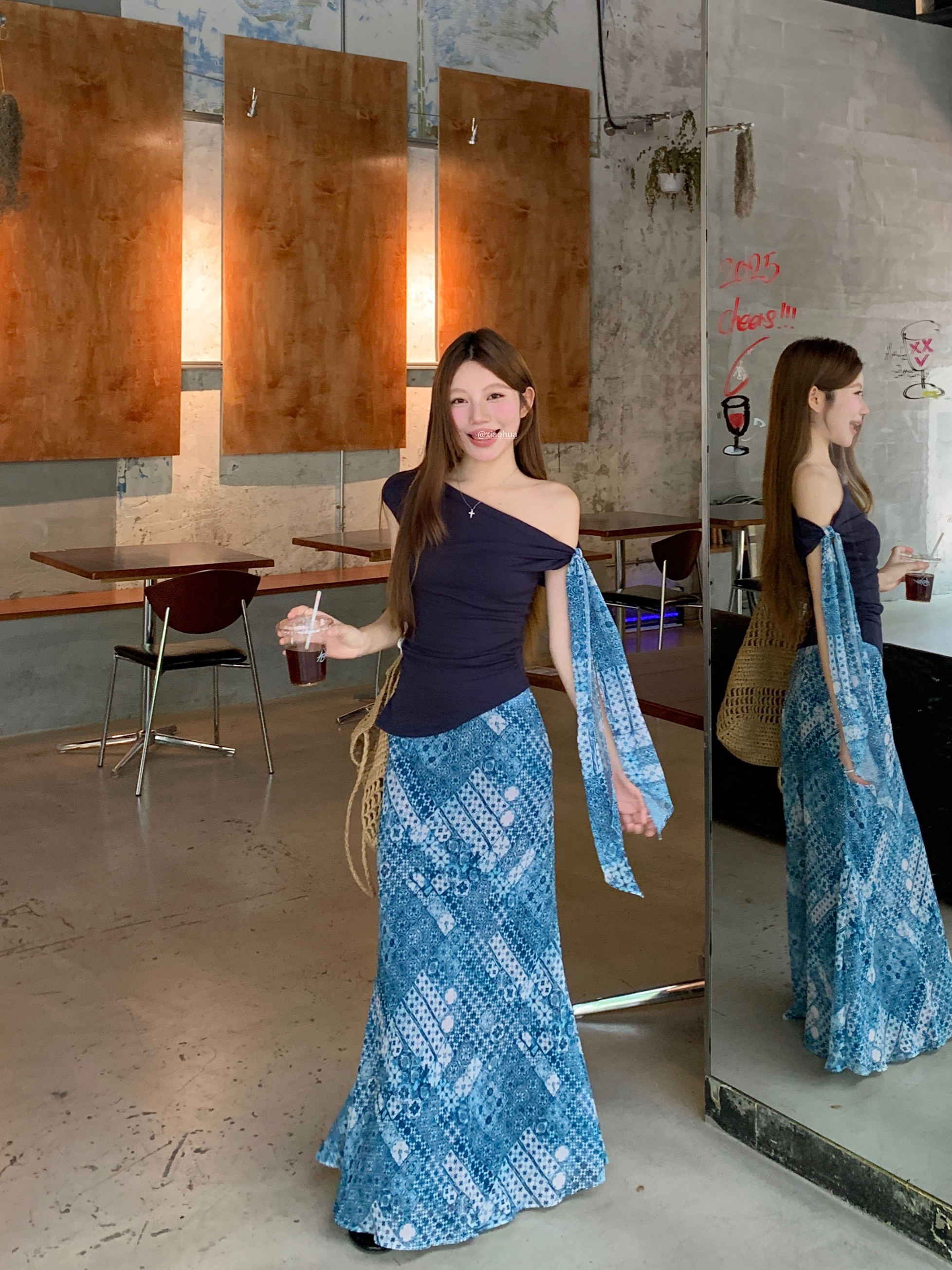 FA34001# 时尚套装斜肩短袖T恤女夏季高腰显瘦碎花半身长裙两件套 服裝批發女裝批發服飾貨源