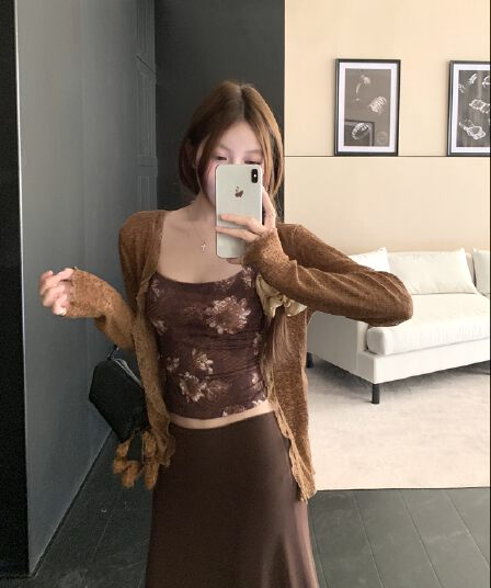 정가 실사 느긋한 긴팔 자외선 차단 오픈 가디건 프린트 캐미솔 세트 인어 꼬리 타이트 스커트 반신 스커트 3종 세트